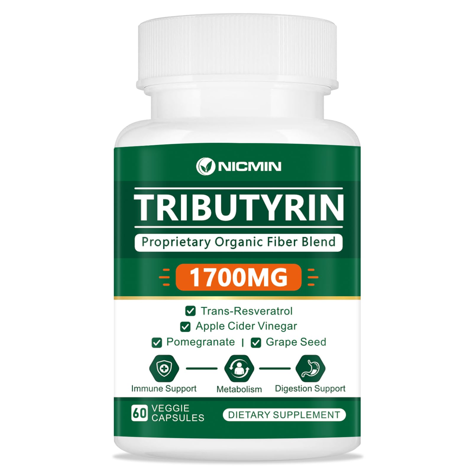 NICMIN Tributyrin Supplement - Premium Butyrate Gut Health Supplement for Leaky Gut 60 Capsules