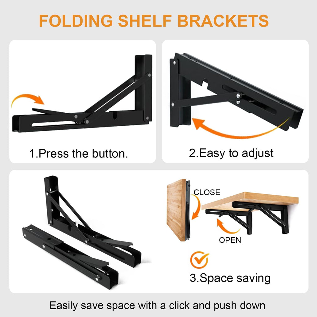 Storystore Folding Shelf Brackets - 8 Inch Heavy Duty Metal Collapsible Shelf Bracket for Bench Table, Shelf Hinge Wall Mounted Space Saving DIY Bracket, Max Load: 150 lb (4 PCS, Black)