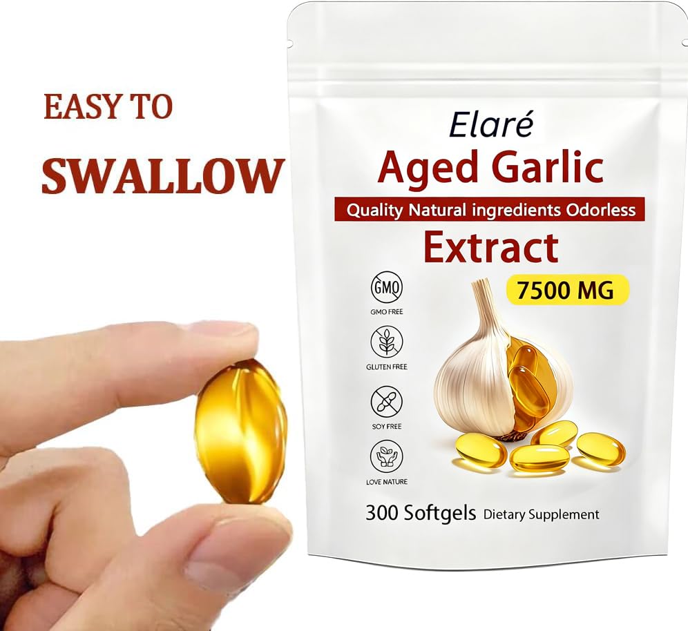 Elare Aged Garlic Extract - 7500mg Odorless, Organic Garlic Extract Capsules | Heart & Immune Antioxidant Supplements, Vegetarian, All-Natural, Non-GMO, 300 Softgels