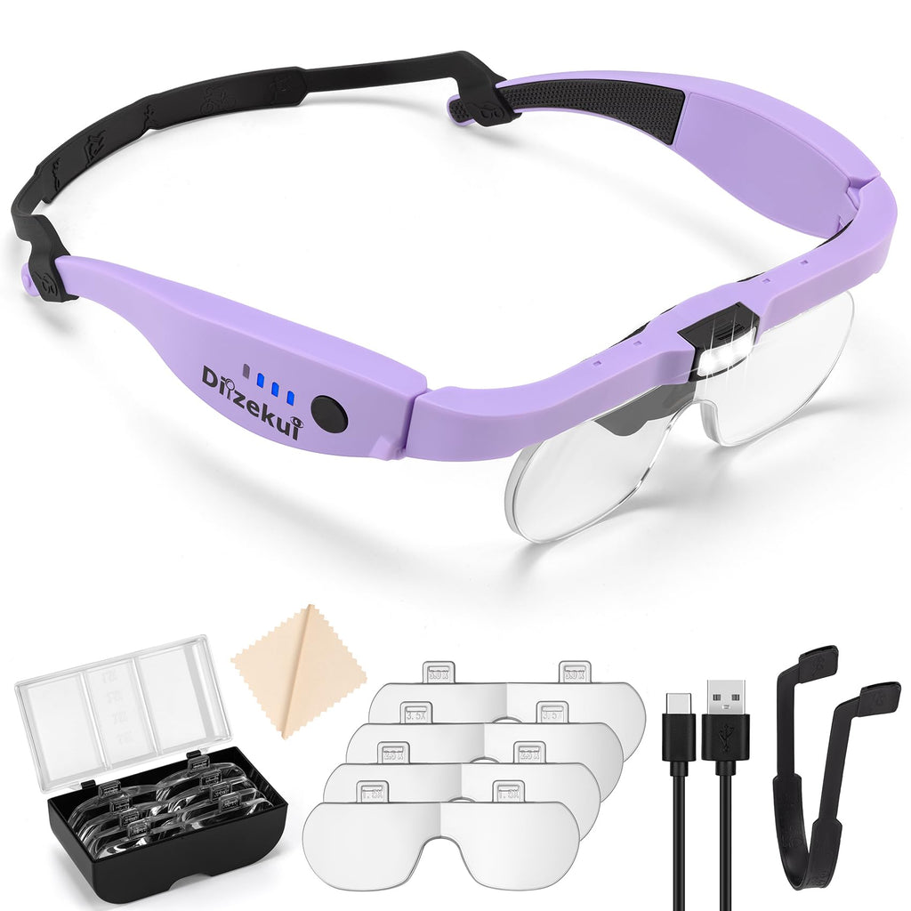 Dilzekui Magnifying Glass with Light 1.5X to 5.0X, Rechargeable Magnifying Glasses Head Magnifier, Lighted Magnify Glass with 4 Detachable Lenses, Magnifier Headset for Close Work Hobbies Jewelry