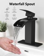 GBBNE Waterfall Bathroom Faucet 1 Hole, Single Hole Bathroom Faucet, Single Handle Vanity Sink Faucet with Deck Plate, Pop-up Drain & Supply Lines, Matte Black