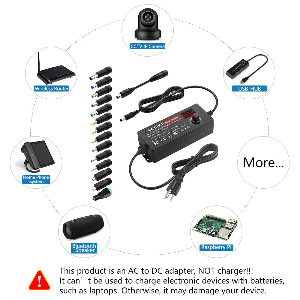 SHNITPWR 3V ~ 24V 3A 72W Power Supply Adjustable DC 3V 5V 6V 9V 12V 15V 16V 18V 19V 20V 24V Variable Universal AC/DC Adapter 100V-240V AC to DC Converter with 14 Tips 5.5x2.5mm 4.0x1.7mm 3.5x1.35mm