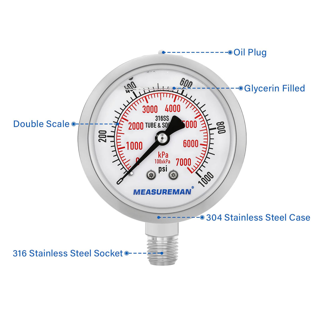 MEASUREMAN 2-1/2" Dial Size, Glycerin Filled Pressure Gauge, 0-1000psi/kpa, 304 Stainless Steel Case, 1/4" NPT Center Back Mount