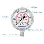 MEASUREMAN 2-1/2" Dial Size, Glycerin Filled Pressure Gauge, 0-1000psi/kpa, 304 Stainless Steel Case, 1/4" NPT Center Back Mount
