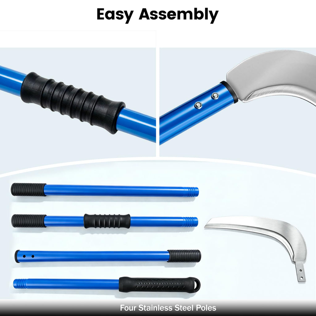 12.6'' Scythe Tool for Grass Cutting, 4 Stainless Steel Poles, Adjustable Dual-Hand Grip, Professional-Grade Blade, for Clearing Bushes, Vines, Fields, Ditches, Paths, Landscaping, Blue, 67in.