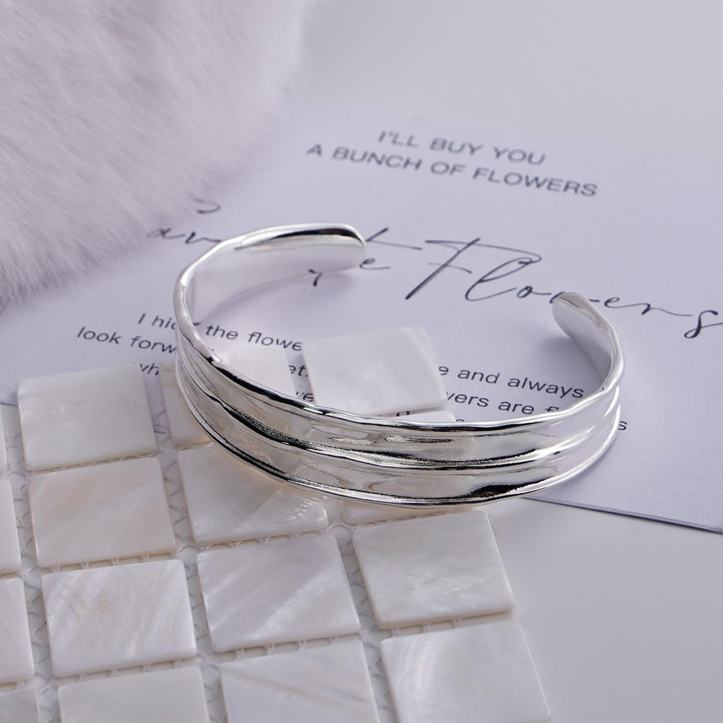 Desnuage Irregular Hammered Wave Texture Cuff Bracelet for Women - Sterling Silver Open Bangle Hypoallergenic Jewelry