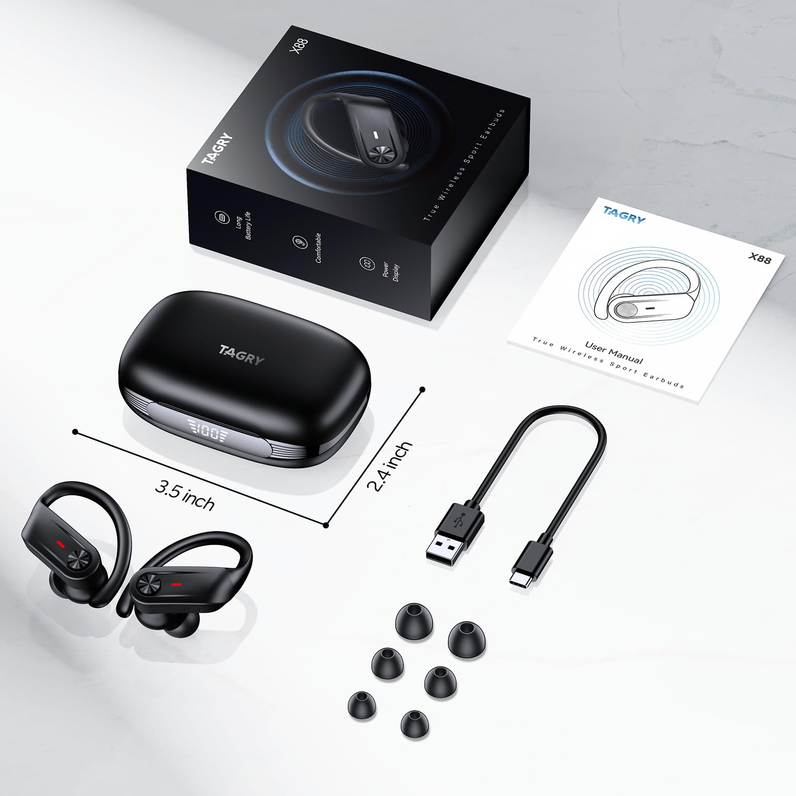 TAGRY Wireless Headphones Sport Earphones with Earhook Mic in-Ear headsets Balck