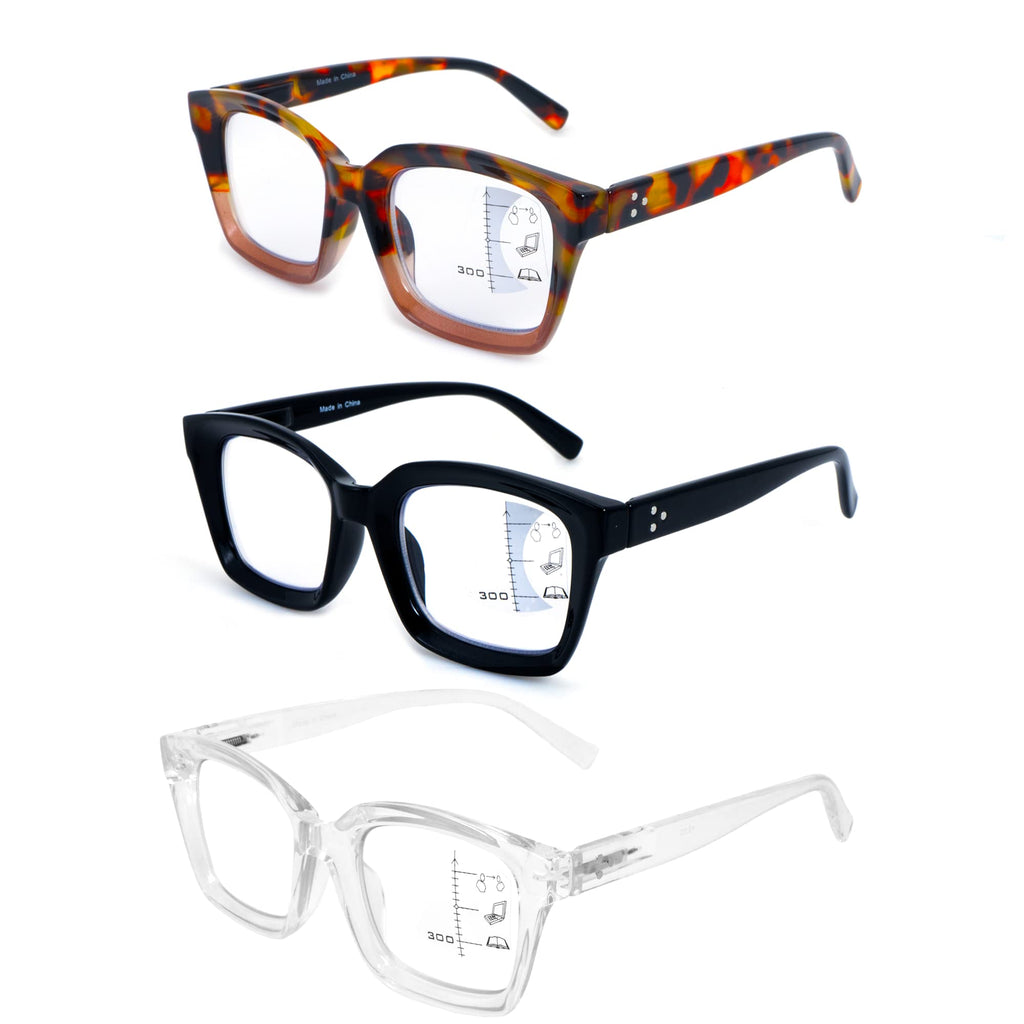 HIYANJN 3 Pack Progressive Multifocal Reading Glasses for Women Men Oprah style Blue Light Blocking Spring Hinger Readers 1.50