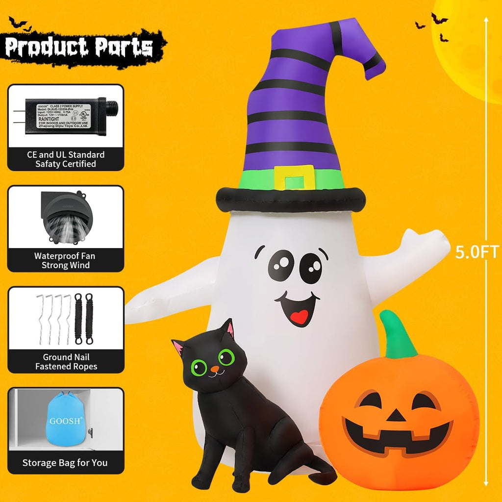 GOOSH 5FT Inflatable Halloween Cute Ghost with The Pumpkin Blow Up Inflatables Halloween Outdoor Yard Decoration