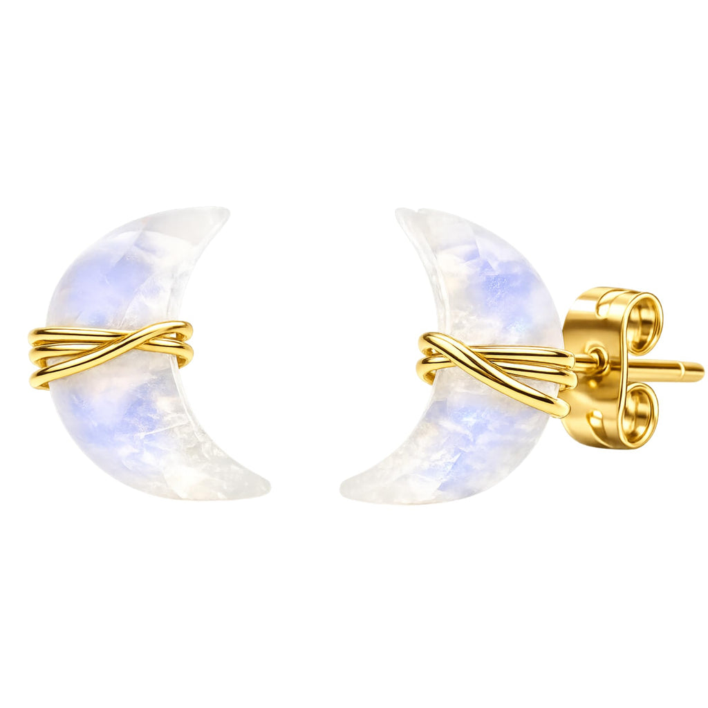 Gempires Rainbow Moonstone Half Moon Stud Earrings for Women