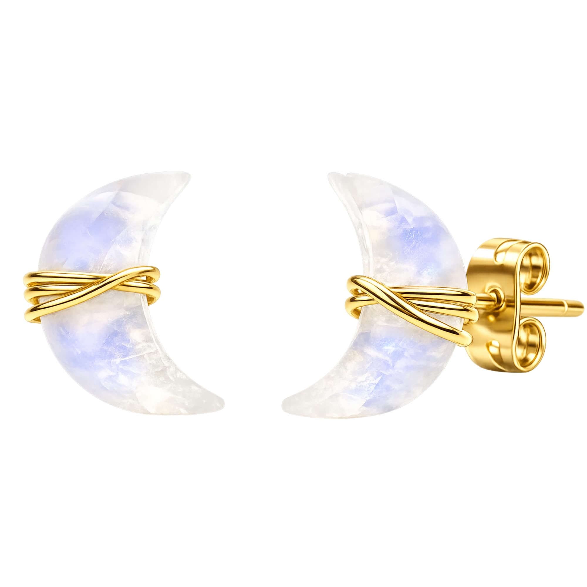 Gempires Rainbow Moonstone Half Moon Stud Earrings for Women