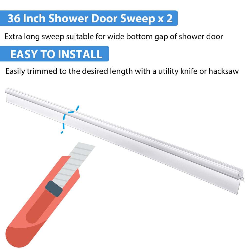 2-Pack Butecare Frameless Shower Door Bottom Seal with Long Sweep for Glass Doors – Stop Shower Leaks and Create a Water Barrier (1/2” x 36”)