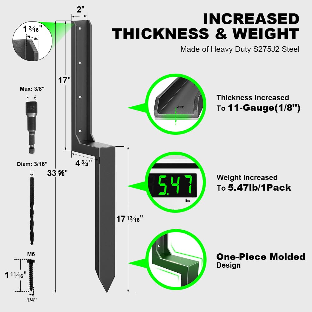 ARKSOLDIER Fence Post Repair Kit - Quick Fix Broken/Leaning 4x4/6x6 Wood Posts Support with One-Piece Steel Anchor & Stakes (Thickened 11-Gauge, 2-Pack)