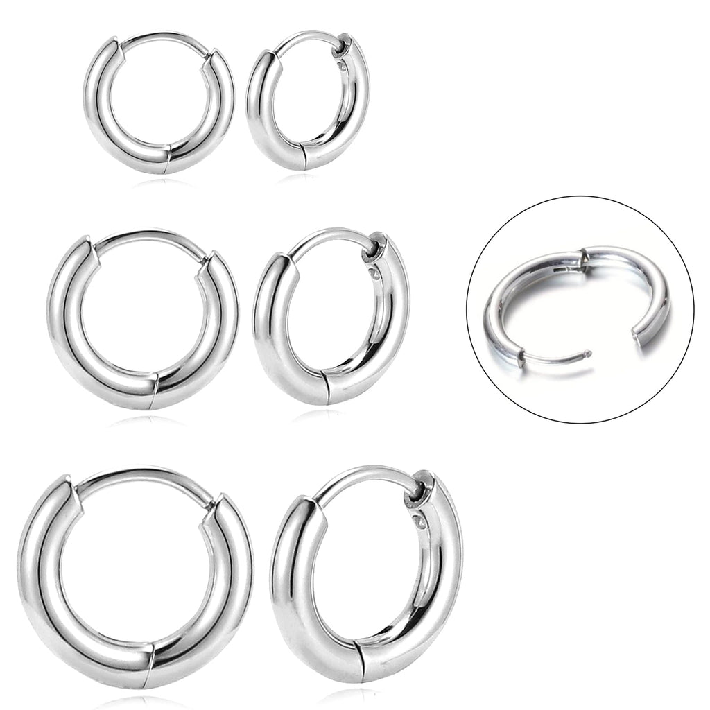 BLISI 3 Pairs ASTM F136 Titanium Silver Hoop Earrings 8mm/10mm/12mm Thick Lightweight Huggie Hoops Earrings for Women Hypoallergenic Sleeper Earrings for Sensitive Ears