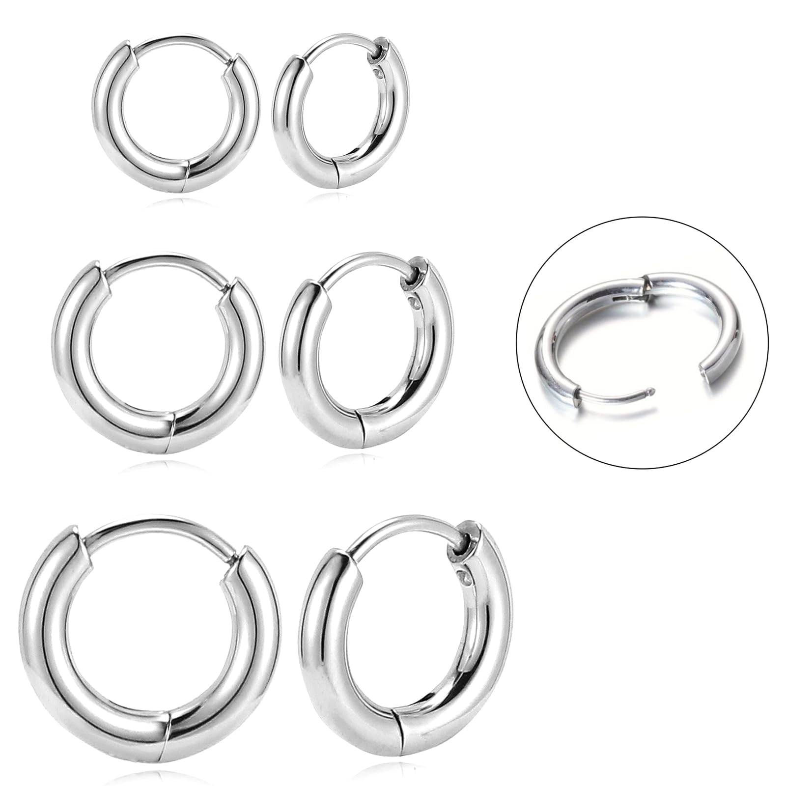 BLISI 3 Pairs ASTM F136 Titanium Silver Hoop Earrings 8mm/10mm/12mm Thick Lightweight Huggie Hoops Earrings for Women Hypoallergenic Sleeper Earrings for Sensitive Ears