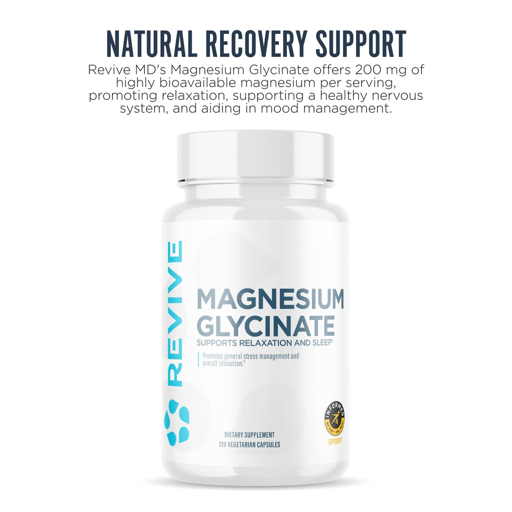 Revive MD Pure Magnesium Glycinate 200mg – High Absorption Supplement for Relaxation, Stress Relief, Sleep & Memory Support – Promotes Strong Bones, Healthy Nerve & Muscle Function (60 Servings)
