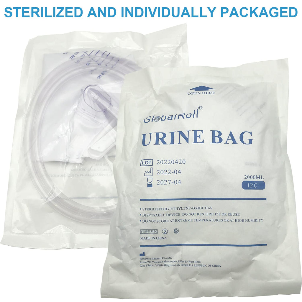 GlobalRoll Urinary Drainage Bag with Anti-Reflux Chamber, Urine Bag with 2000 mL Volume, 48" Drainage Tube, Clips and Hanging Hook, Professional Urinary Bag for Home and Hospitals Health Aids,10 Pack