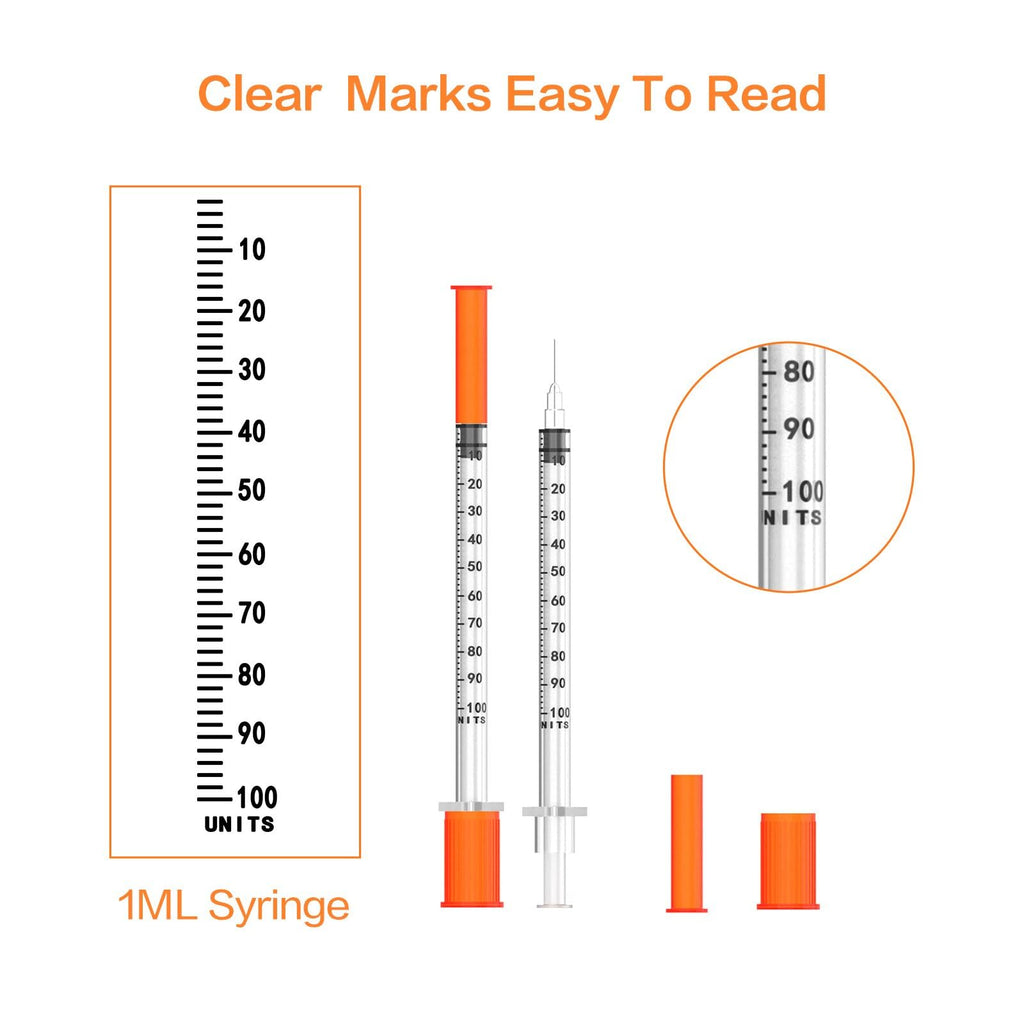 U-100 Syringes with Needle 1ml/cc 29G 1/2'' Disposable Syringe, Individual Wrapped, 100 PACK