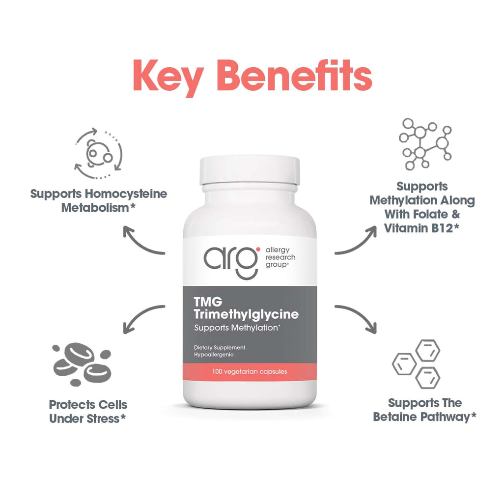 Allergy Research Group ARG TMG Trimethylglycine - Supports Cardiovascular & Liver Health - Delivers 750 mg Trimethylglycine per Serving - Vegetarian & Hypoallergenic - 100 Servings - 100 Capsules