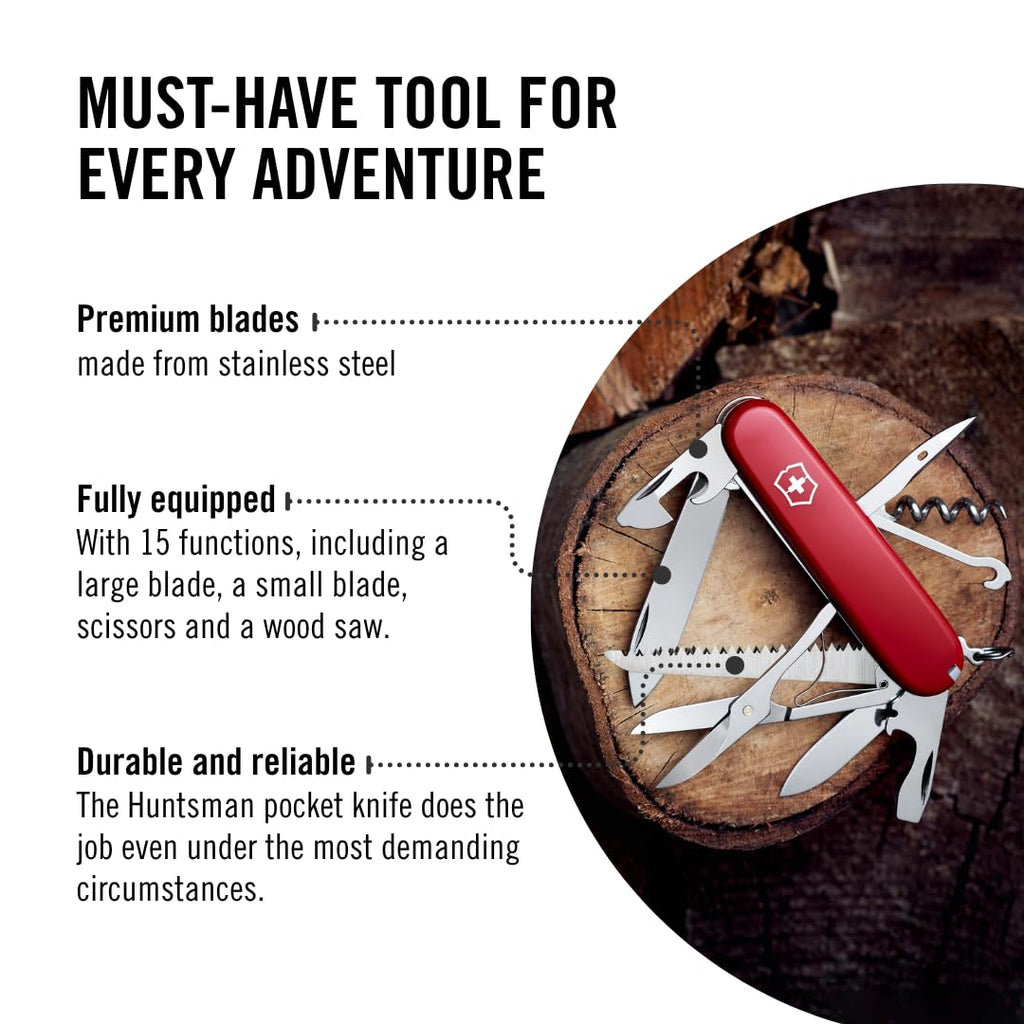 Victorinox Huntsman Swiss Army Knife, 15 Functions, Swiss Made Pocket Knife with Large Blade, Screwdriver, Scissors and Wood Saw - Red
