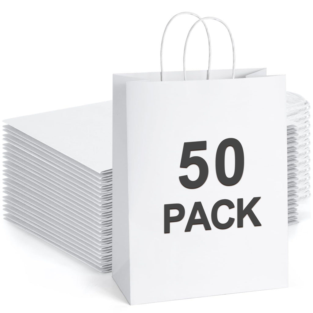 BagDream Kraft Paper Bags with Handles 10x5x13 Inch Large White 50 Pcs Bulk