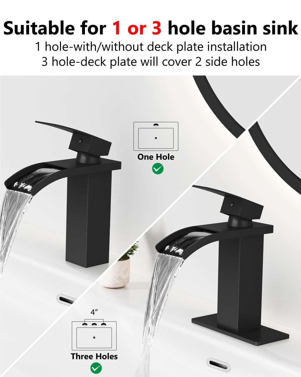 GBBNE Waterfall Bathroom Faucet 1 Hole, Single Hole Bathroom Faucet, Single Handle Vanity Sink Faucet with Deck Plate, Pop-up Drain & Supply Lines, Matte Black