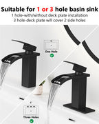 GBBNE Waterfall Bathroom Faucet 1 Hole, Single Hole Bathroom Faucet, Single Handle Vanity Sink Faucet with Deck Plate, Pop-up Drain & Supply Lines, Matte Black