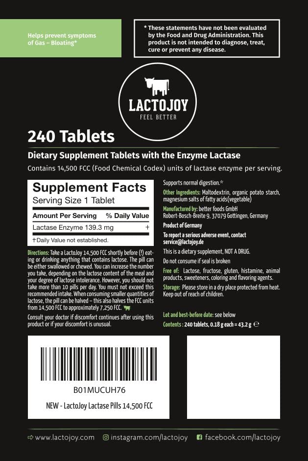 LactoJoy Lactase Pills 14.500 FCC I 240 Pieces Refill Package I Powerful Lactase Enzymes for Lactose Intolerance I Ultra Pure Lactase for Improved Digestion I 100% Vegan