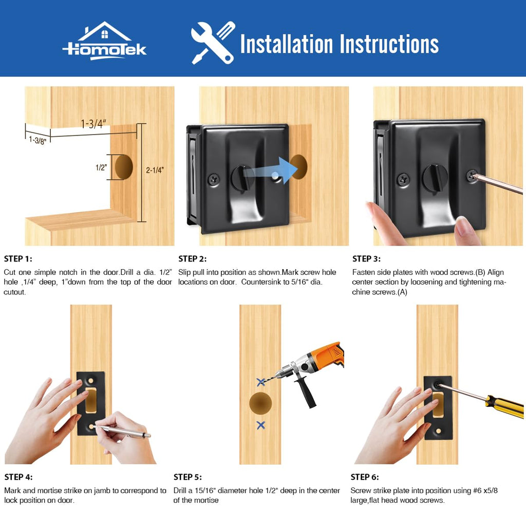 HOMOTEK 2 Pack Privacy Pocket Door Lock Hardware with Pull - Replace Old Or Damaged Sliding Door Locks Quickly and Easily, 2-3/4”x2-1/2”, for 1-3/8” Thickness Door, Black