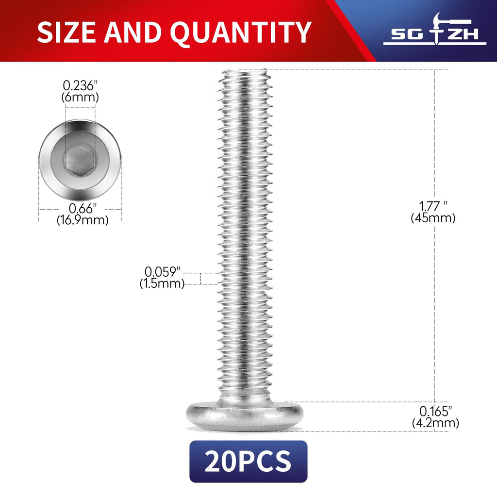 M10 x 45mm 20Pcs Flat Head Hex Socket Cap Screws Bolts, 304 Stainless Steel 18-8, Full Thread by SG TZH (with Hex Spanner)