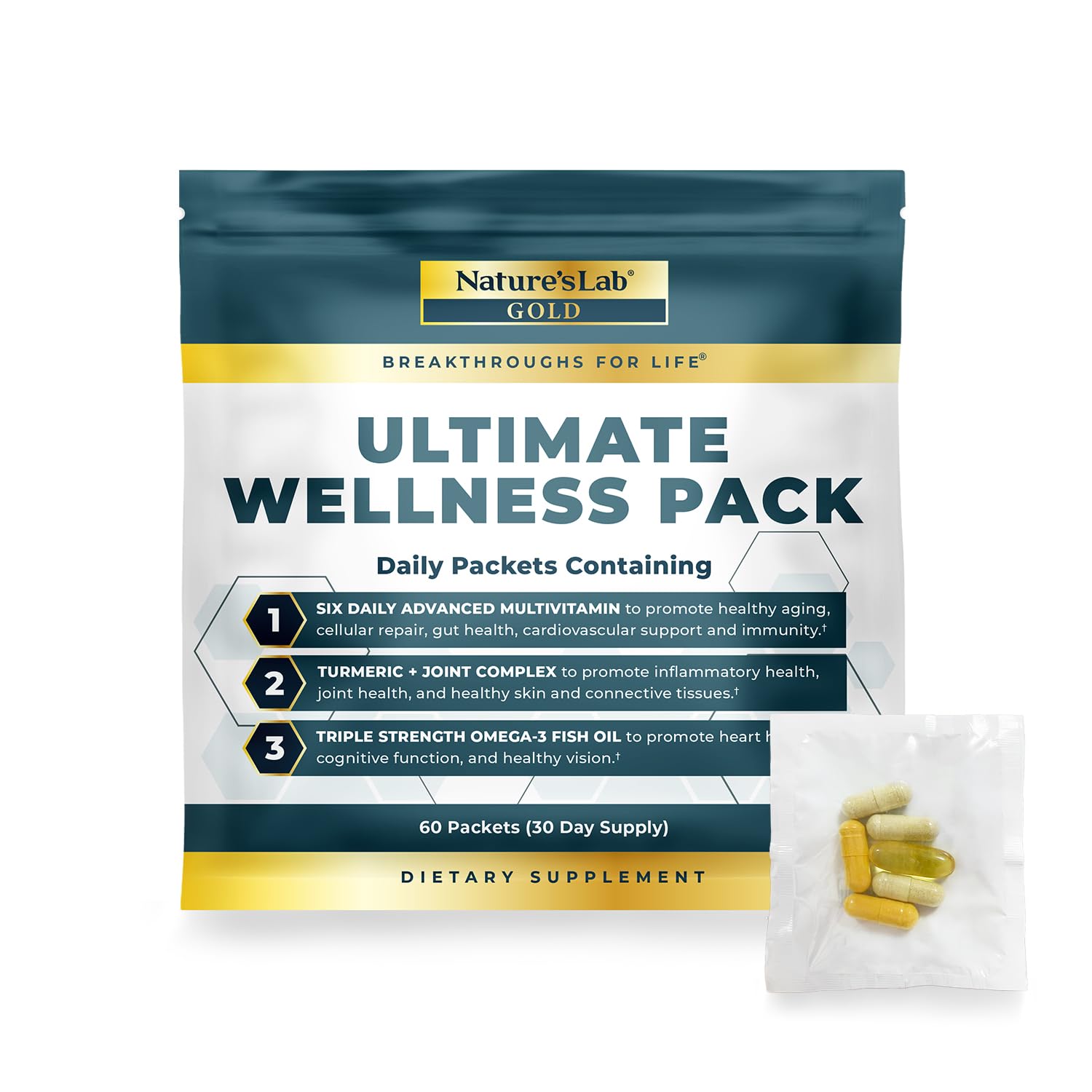 Nature's Lab Daily Vitamin Packs for Men & Women - Multivitamin + Triple Strength Omega 3 Fish Oil + Turmeric Joint Support Gold Ultimate Wellness Pack - 60 Packets
