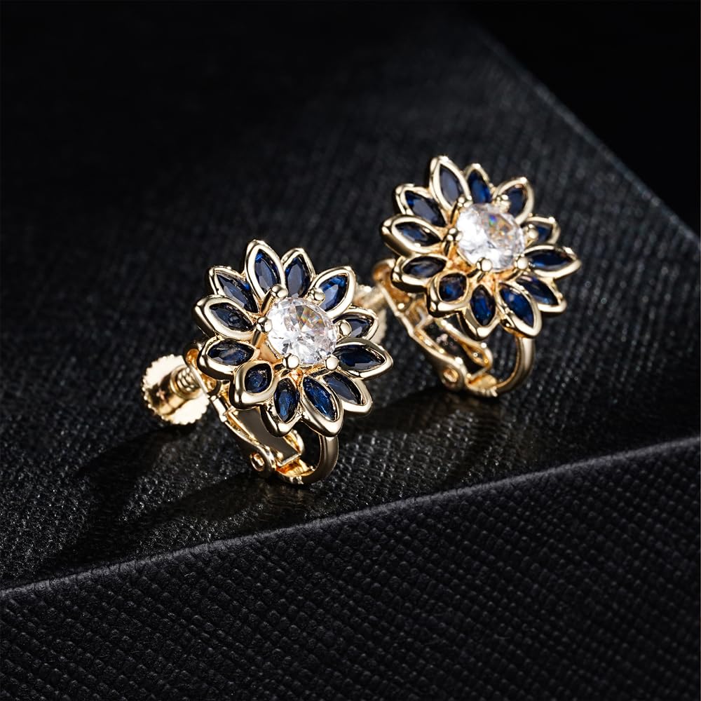 EVEVIC Austrian Crystal Flower Clip On Earrings for Women, 14K Gold Plated
