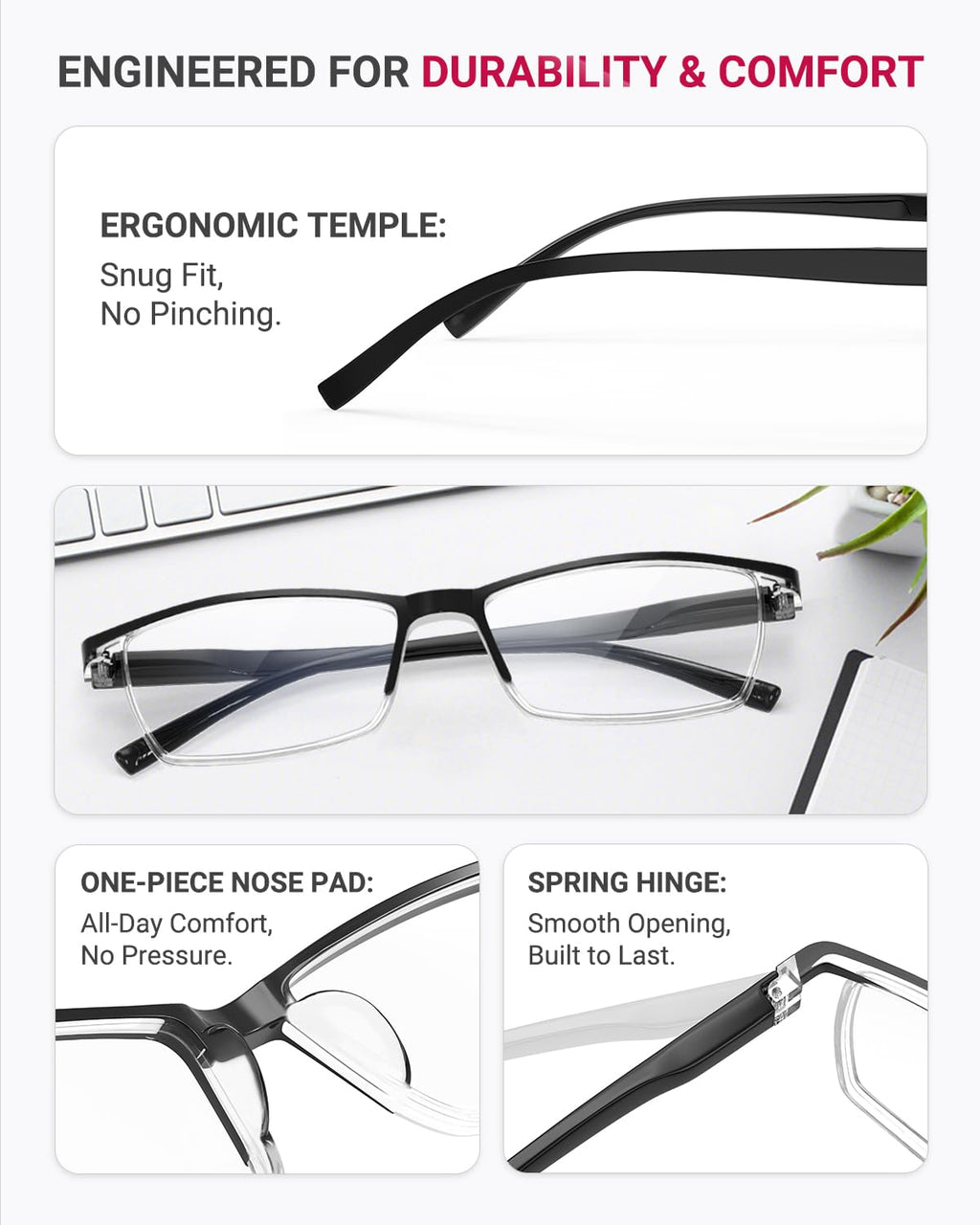 TERAISE 4PCS Fashion Anti-blue light Reading Glasses Men Women Computer Reader(2.25X)