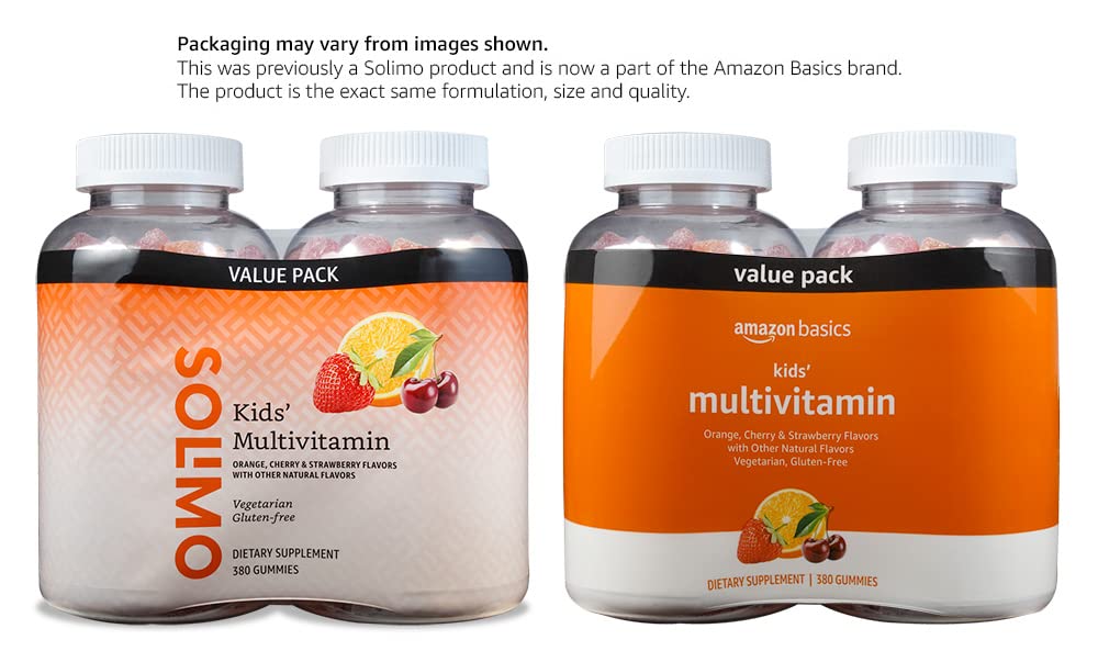 Amazon Basics Kids' Multivitamin Gummies, Cherry, Strawberry & Orange Flavors, 380 Count, 2 Packs of 190 (Previously Solimo)