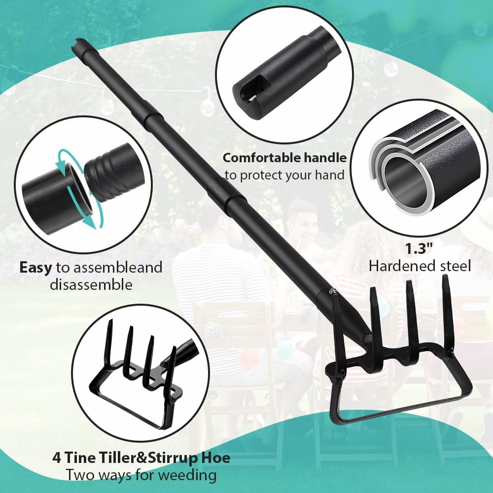 Ihomepark Garden Hoe, Stirrup Hoe with Adjustable Handle for Weeding Digger loosening Soil Metal Garden Cultivator Hoe with Rake Tiller Cultivator (30-62 Inch)