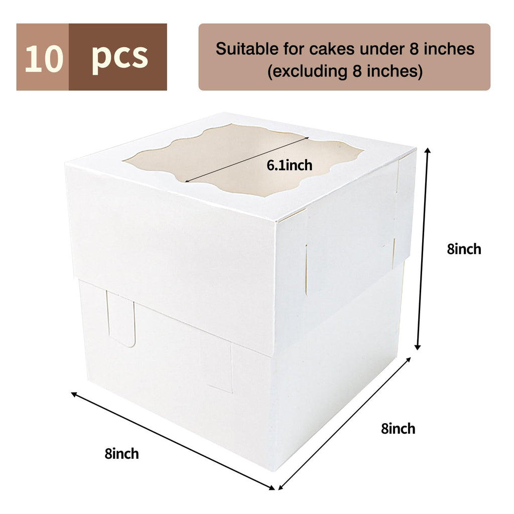 Moretoes 10pcs 8x8x8 Inches Cake Boxes with Window, White Bakery Dessert Boxes, Cajas Pasteles for Cake, Valentine's Day, Mother's Day,Wedding, Birthday, Party