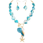 Coiris Natural Seashell Choker Necklaces Earrings Jewelry Set for Women Starfish Shell Freshwater Pearl Collar Necklaces for Women Irregular Mother of Pearl Jewelry Set(ST0023-Blue)