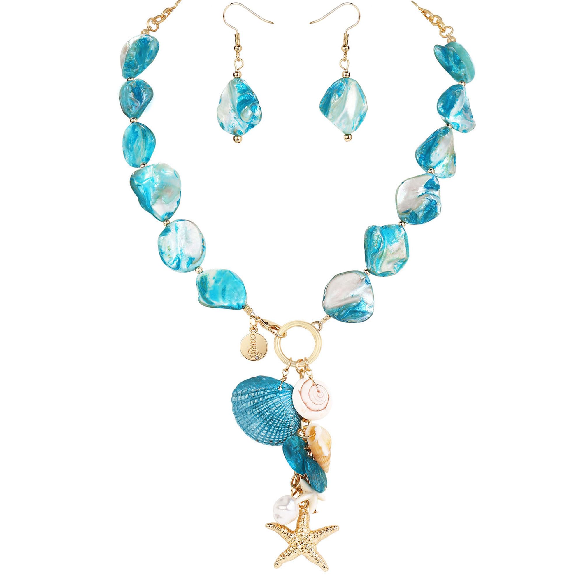 Coiris Natural Seashell Choker Necklaces Earrings Jewelry Set for Women Starfish Shell Freshwater Pearl Collar Necklaces for Women Irregular Mother of Pearl Jewelry Set(ST0023-Blue)
