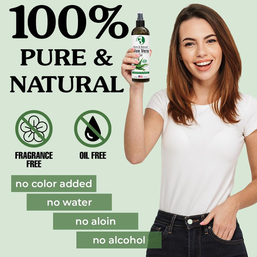 Earth's Daughter Organic Aloe Vera Gel from 100% Pure and Natural Cold Pressed Aloe – Moisturizes - Great for Face - Hair- Sunburn - Aftershave - Bug Bites - 12 oz.