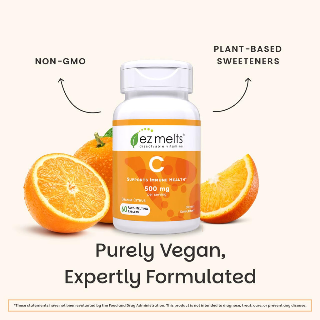 EZ Melts Vitamin C - Daily Vitamin for Antioxidant & Immune Support - No Artificial Flavors - Non-GMO & Sugar-Free - Orange Citrus - 60 Dissolvable Tablets (30 Servings)