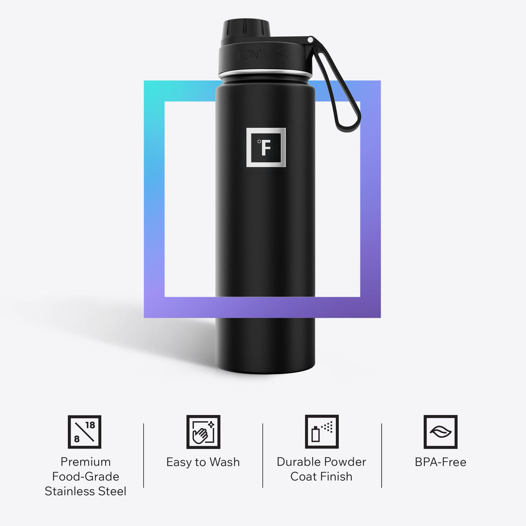 IRON °FLASK Camping & Hiking Hydration Flask with Spout, Wide Mouth Insulated Stainless Steel Sports Water Bottle - 22 oz Black Marquina