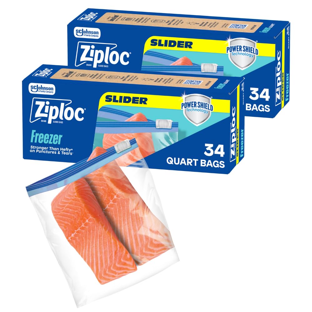Ziploc Food Storage Quart Freezer Slider Bags, Durable, 34 Count (Pack of 2)
