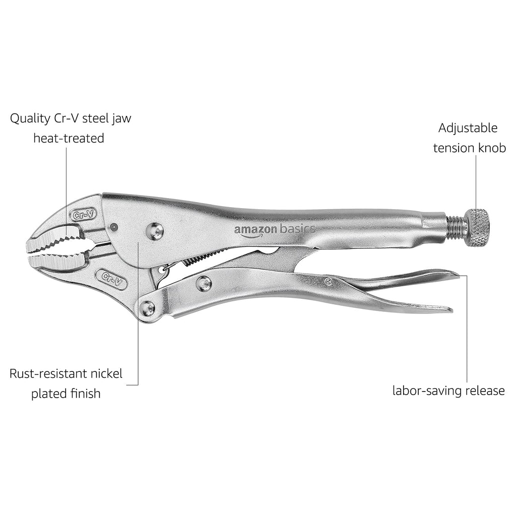 Amazon Basics 5-Piece CR-V Locking Pliers Set with Wire Cutters, 2 Straight Jaw, 3 Curved Jaw, 6.5-10 inch, Silver, Carrying Case