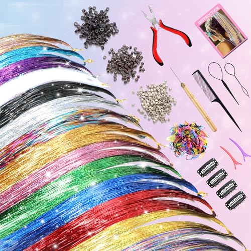 Hair Tinsel Kit (20 Colors, 4400 Strands, 48 Inches) Sparking Tinsel Hair Extensions Kit with Tools, Fairy Hair Tinsel Kit Heat Resistant Highlights Glitter Hair Extensions Hair Tensile Kit