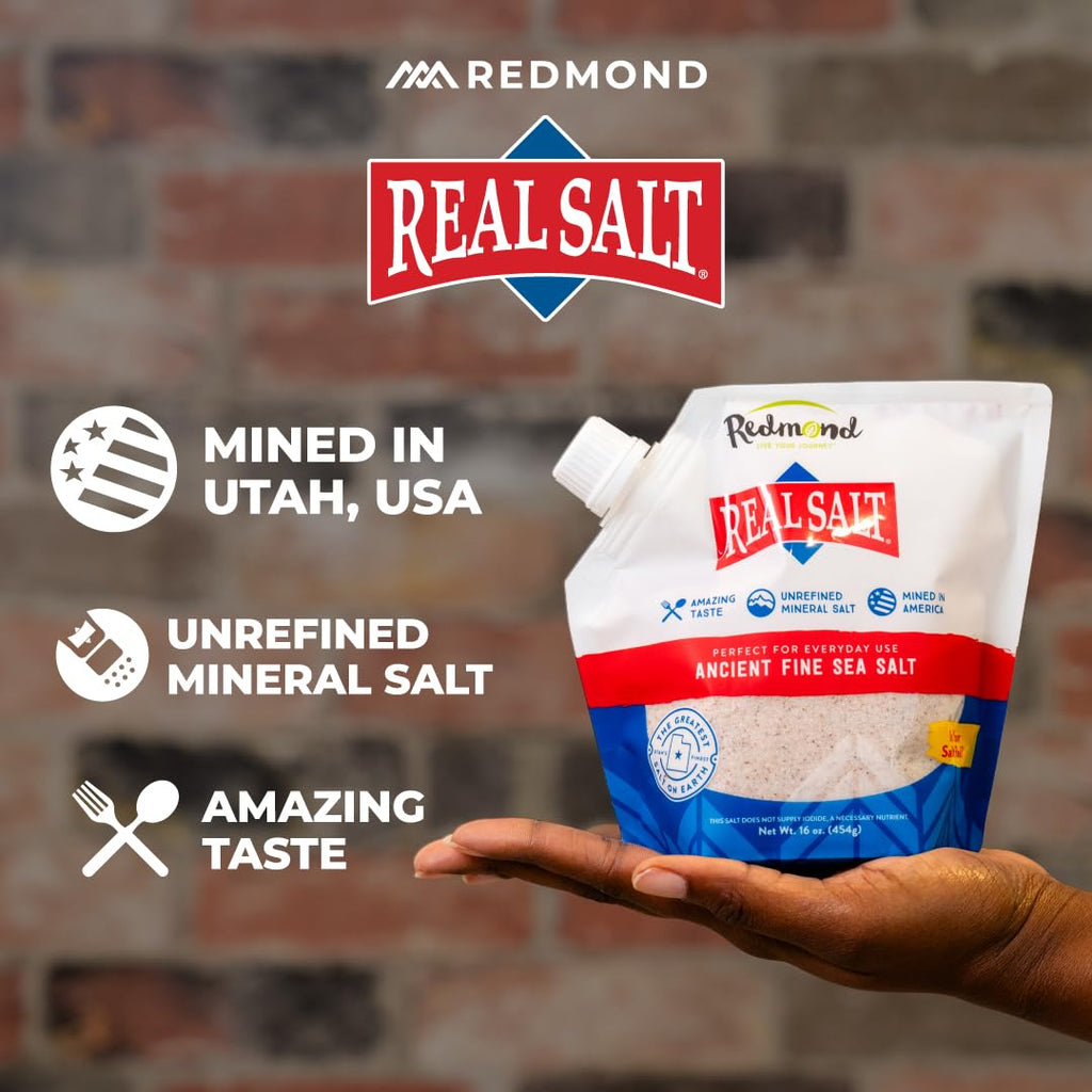 Redmond Real Salt - Ancient Fine Sea Salt, Unrefined, 16 Oz Pouch (2 Pack)