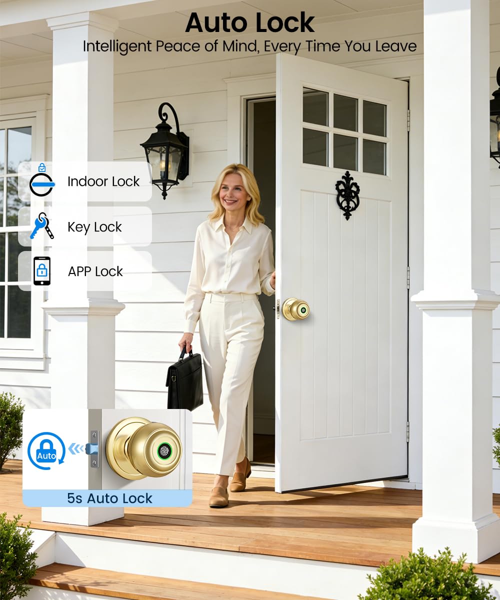 KLLOQUE Fingerprint Door Lock, Smart Fingerprint Door Knob with Lock, Biometric Door Locks with App Control & Key, Keyless Thumbprint Entry Door Locks for Bedroom, Front Door, Home, Apartment-Brass