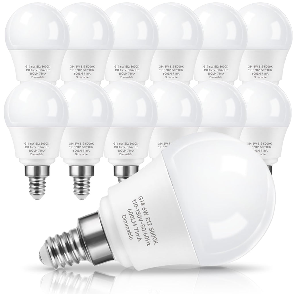 Prosperbiz E12 Ceiling Fan Light Bulbs Dimmable, 60W Equivalent LED Bulb, Daylight White 5000K, E12 Small Base Candelabra A15 LED Round Light Bulb, 600 Lumen, Pack of 12