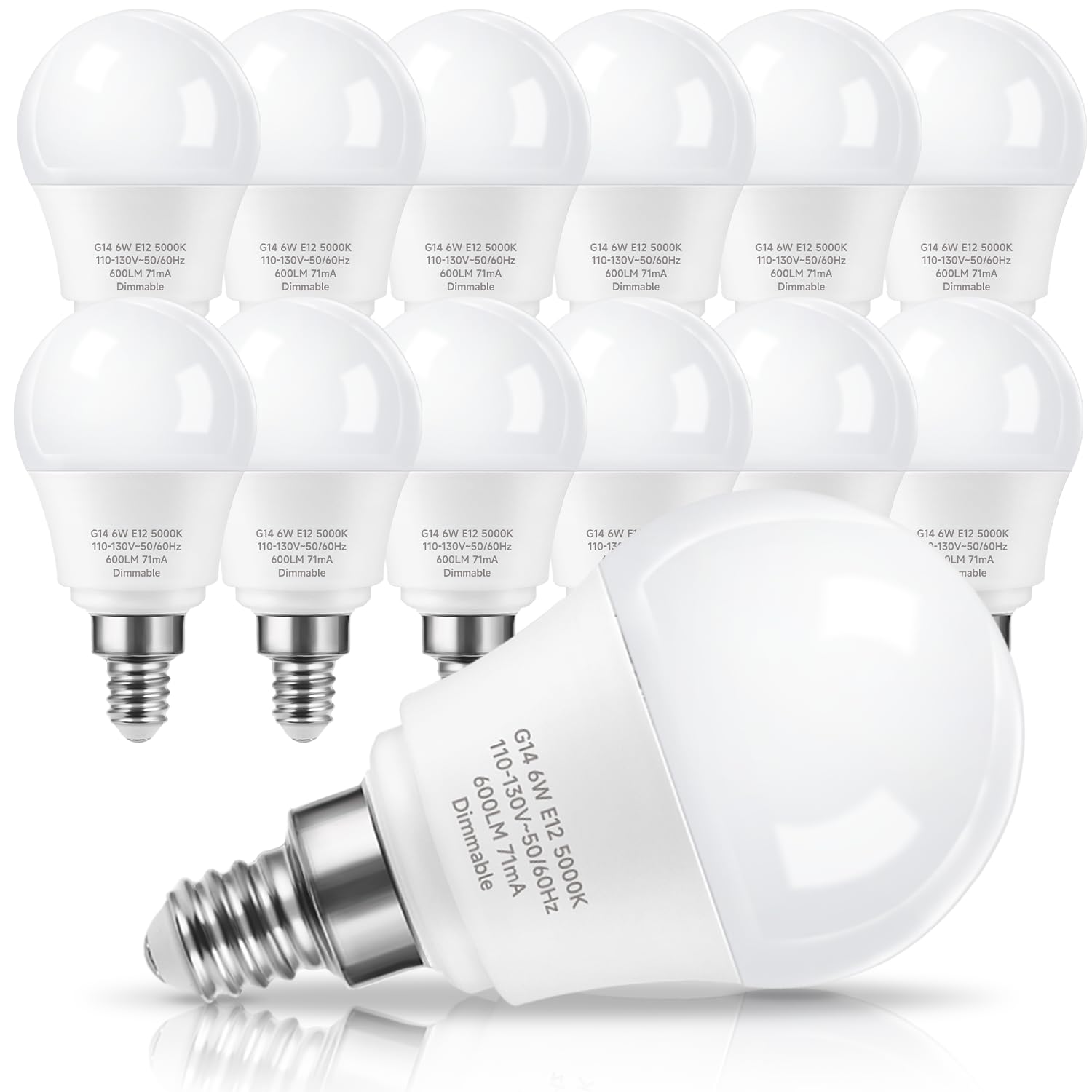 Prosperbiz E12 Ceiling Fan Light Bulbs Dimmable, 60W Equivalent LED Bulb, Daylight White 5000K, E12 Small Base Candelabra A15 LED Round Light Bulb, 600 Lumen, Pack of 12