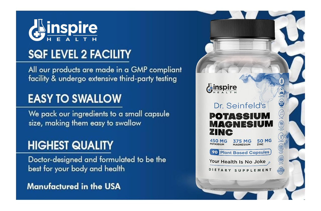 Magnesium Potassium Supplements w/Zinc - 90 Capsules - Magnesium Potassium Zinc for Vascular Health – High Absorption Vegan Supplement for Leg Cramps & Sleep Dr Seinfeld
