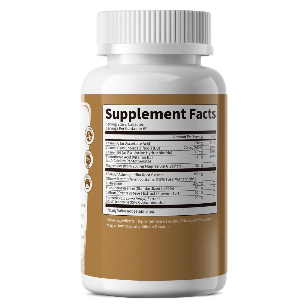 10-IN-1 Cortisol Supplements w/ KSM-66® Ashwagandha 300mg + L-Theanine 250mg, Magnesium Glycinate, Saffron, Phosphatidylserine, Turmeric & Vitamin C D3 B6 B5, For Women Men, 120 Capsules 2 Pack